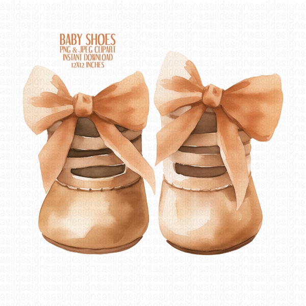 Beige & Apricot Ribbon Baby Sandals Illustration PNG, Watercolor Strap Shoes Clipart, Gender Neutral Baby Shower Decor, Digital Download PNG