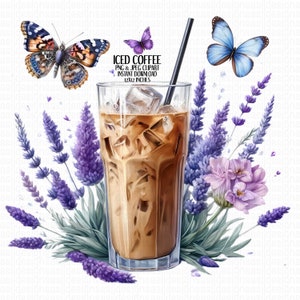 May include: Watercolor illustration of iced coffee in a tall glass with ice cubes and a black straw. The image includes lavender sprigs, purple and blue butterflies, and the text "ICED COFFEE PNG & JPEG CLIPART INSTANT DOWNLOAD 12X12 INCHES."