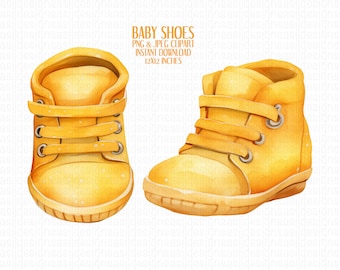 Botas de zapato de bebé amarillo acuarela Clip Art PNG / Baby Shower png / Invitación de baby shower png / Revelación de género png / Guardería / Uso comercial