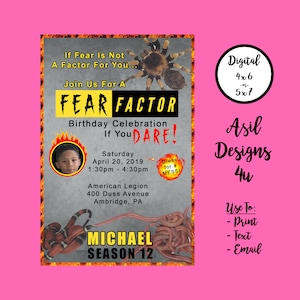 Puede incluir: Una invitación digital para una celebración de cumpleaños "Fear Factor". El diseño presenta una araña, serpientes y gusanos, con el texto "If You Dare!" y detalles del evento. Incluye el texto "Digital 4x6 or 5x7" y "Use To: Print, Text, Email."