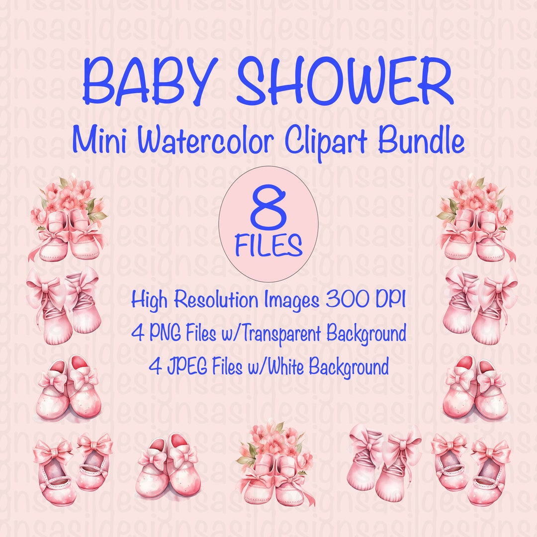 Pink Bows and Flowers Baby Shoes Watercolor Clipart Bundle PNG | Baby ...
