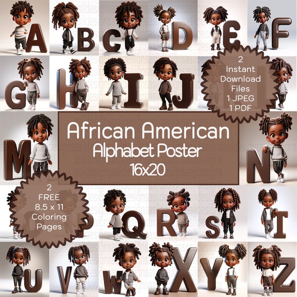 Chocolate Brown Alphabet Letters Poster | African American Toddler Cartoon Images | 2 Free 8.5 x 11 Coloring Pagers | PDF | JPEG | 16x20