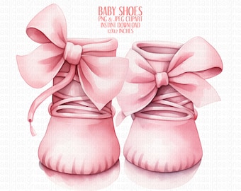 Clipart aquarelle de chaussures bébé avec noeud rose PNG | Baby Shower png | Invitation baby shower png | Révélation du genre png | Décoration png | Utilisation commerciale