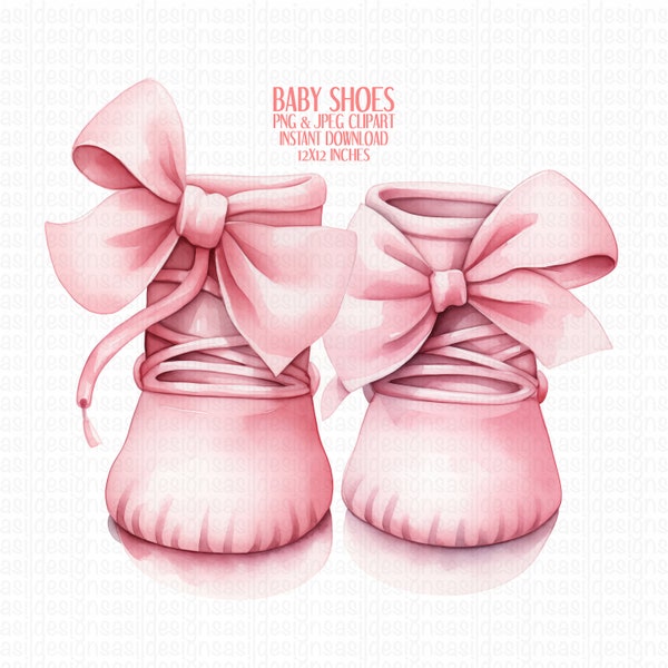 Pink Bow Baby Shoes Watercolor Clip Art PNG | Baby Shower png | Baby Shower Invitation png | Gender Reveal png | Decor png | Commercial Use