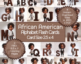 Alphabet Flash Cards | African American Cards | African American Toddler Cartoon Image | Free 8.5 x 11 Coloring Pages | PDF | JPEG | 2.5 x 4