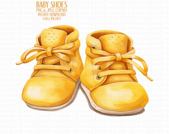 Botas de bebé amarillas con cordones acuarela Clip Art PNG / Baby Shower png / Invitación de baby shower png / Revelación de género png / Uso comercial