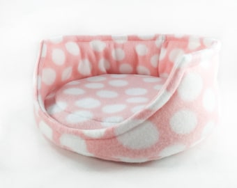 Pink with White Polka Dots Fleece Cuddle Cup Bed with Removable Pad for Guinea Pigs, Ferrets, Teacup Dogs, Hedgehogs, Chinchillas, Rats, etc