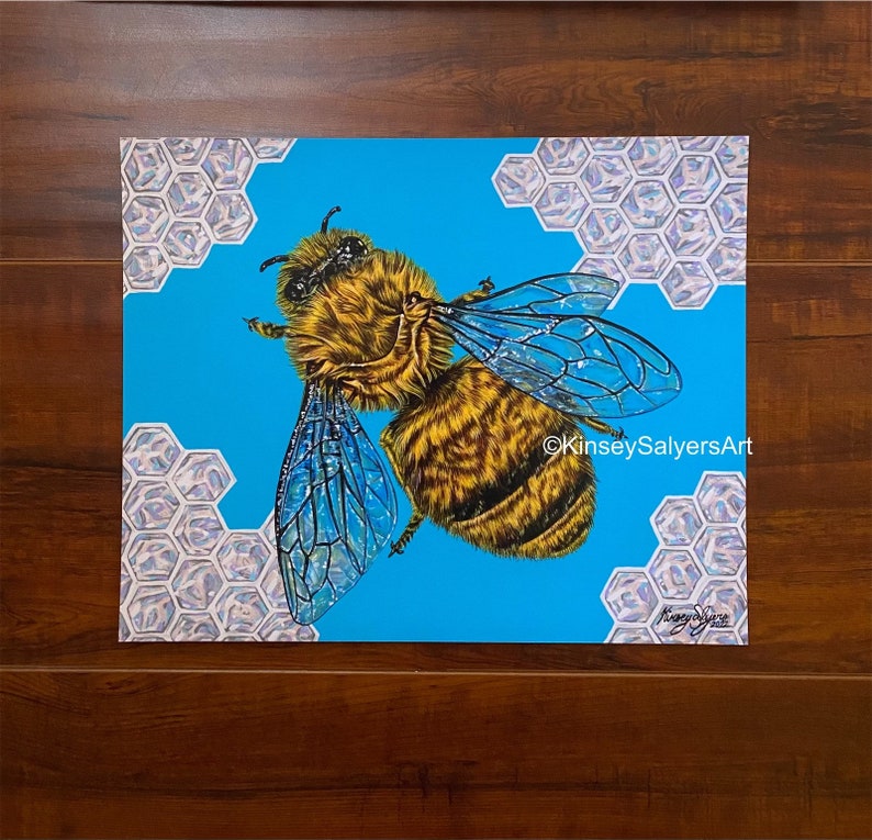 Print of original painting with a fuzzy bumble bee and blue sky background