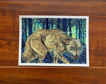 PRINT 5x7 of "Wolf in a Blue Forest"