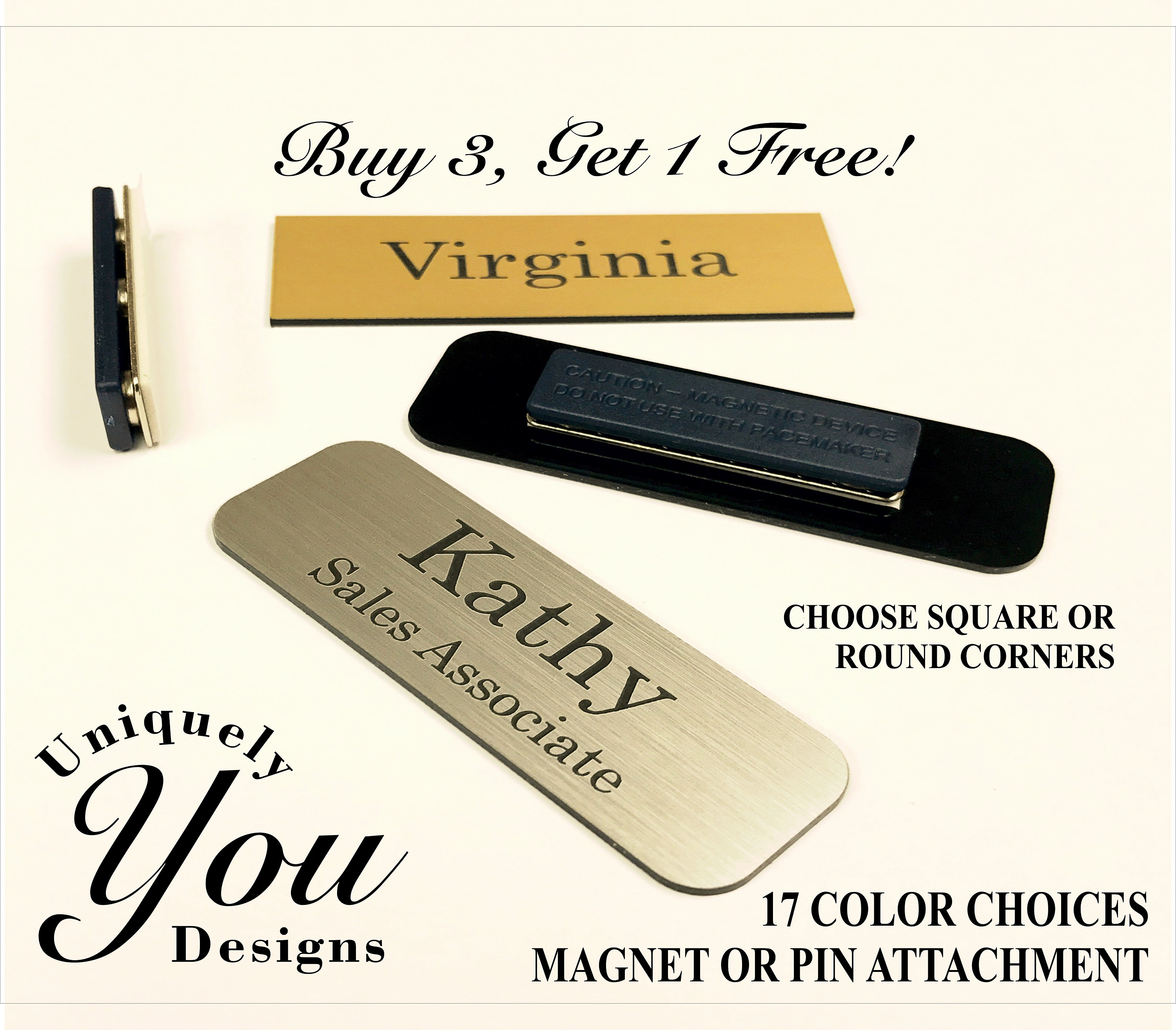 Customized Laser Engraved Name Badges with Pin or Magnetic Backing 1&quot;X3&quot; Employee Personalized Name Tag Identification (*Buy 3 get 1 Free!*)