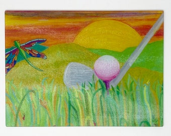 Small cutting board/serving platter, tempered glass with 'Pink golf ball' original art, size 8" x 11"