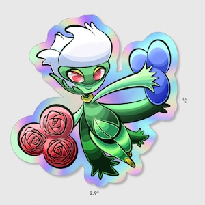 May include: A holographic sticker featuring a green and white cartoon character with red eyes, holding a blue flower and three red roses. The sticker is 2.9 inches wide and 3 inches tall.