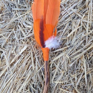 May include: A handmade feather fan featuring bright orange feathers, a dark brown feather, and a small white feather. The feathers are attached to a wooden handle bound with orange twine. The fan is set on a bed of straw.