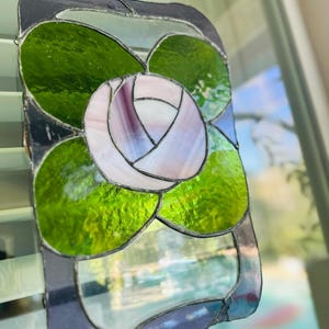 Stained Glass Rose & Leaf Suncatcher Window Panel