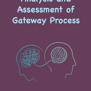 May include: A purple background with the text "CIA Analysis and Assessment of Gateway Process" in light blue. Below the text is a line drawing of two heads, one with a tangled mess of lines inside and the other with a ball of yarn inside. The text below the drawing reads: "During the Cold War, the CIA was interested in all aspects of psychic research, including the theory and applications of remote viewing, which is when someone views real events using only their mind."