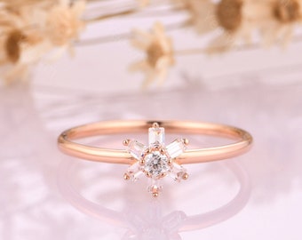 Flower Shape Matching Band Ring/ Special Design Simulated Diamond Ring/ 18K Rose Gold Wedding Band Ring/ Stack Ring/ Birthday Gift For Lover