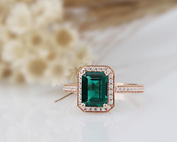 14K Solid Yellow Gold Lab Created Emerald Three Stone Engagement Promise Ring