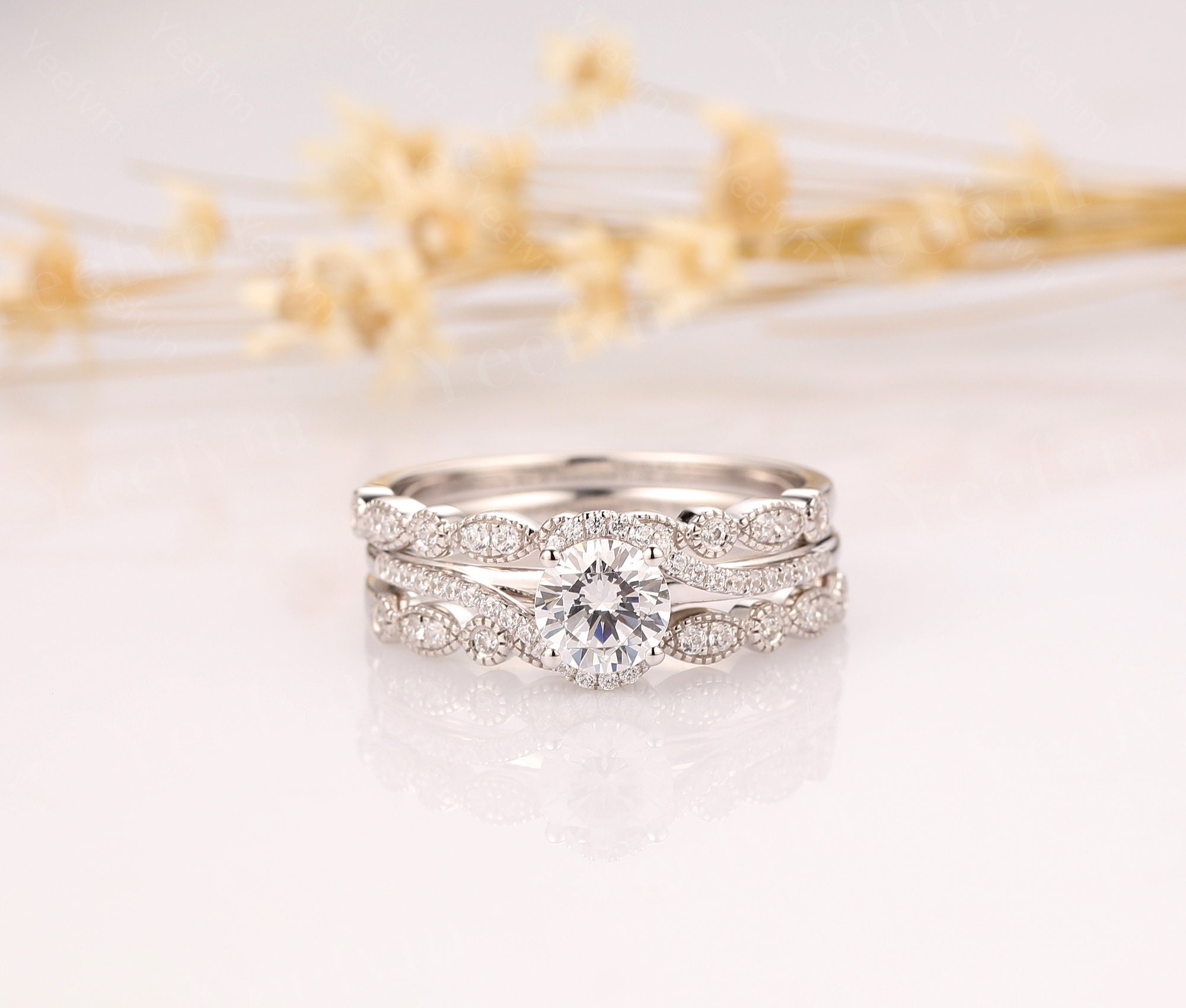 14K Solid Gold Ring Sets/ 3PCS Bridal Sets/ Anniversary Rings/ Etsy