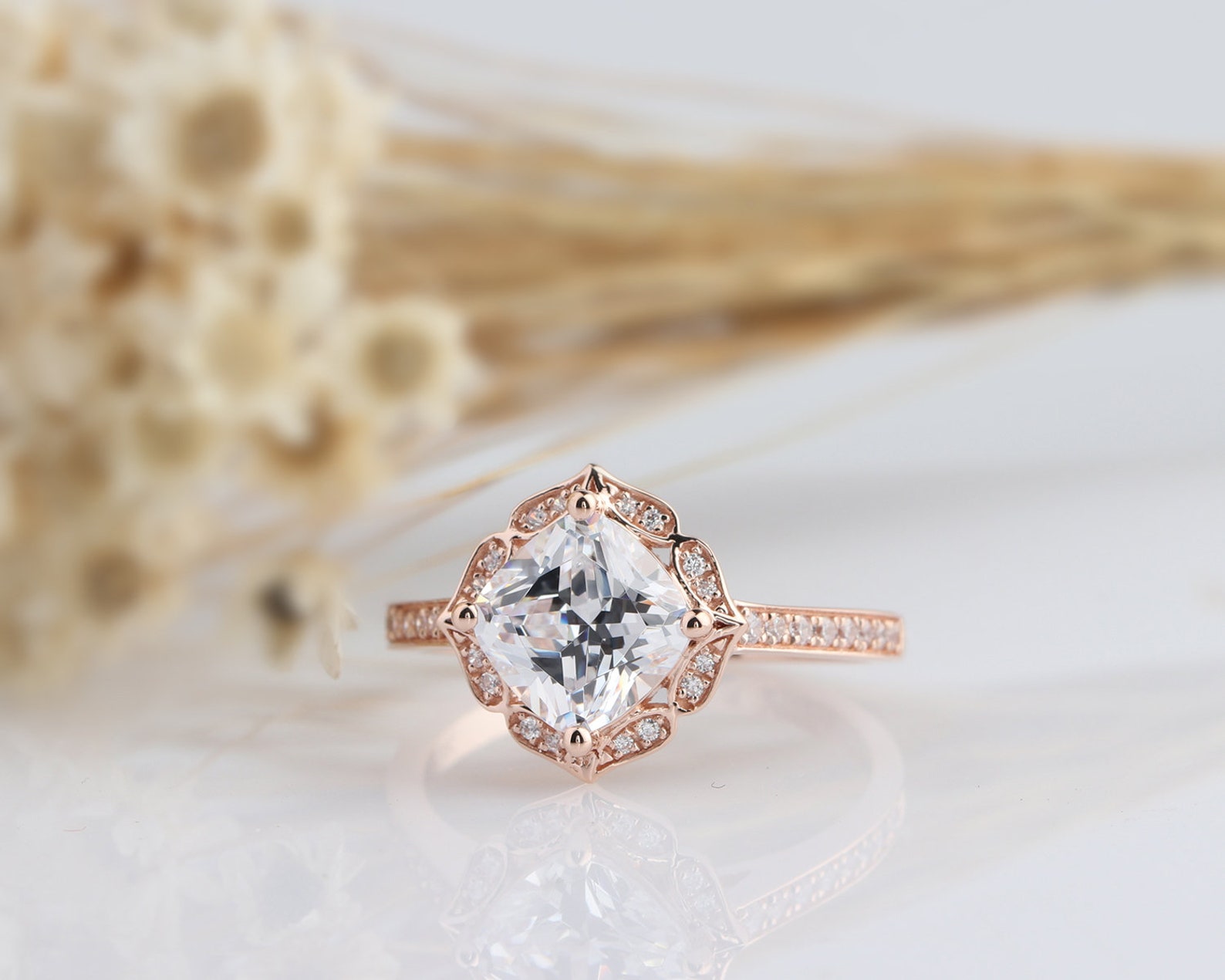 Rose Gold Unique Vintage Engagement Rings,14K Rose Gold Vintage Style Moissanite Engagement Ring