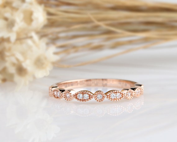 14K Solid Gold Rings/Art Deco Simulated Diamond Wedding Band/ Matching Band/Stack Ring/Promise Ring