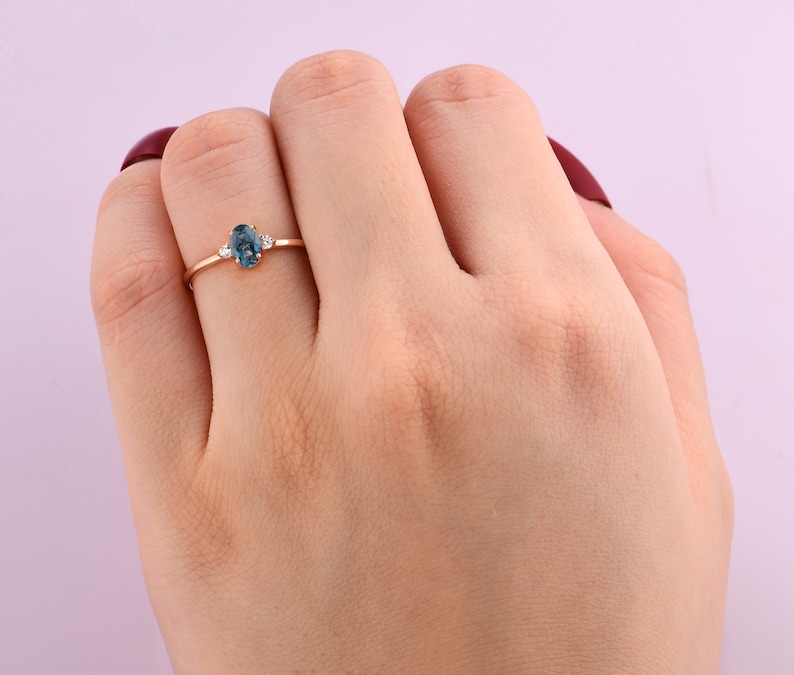 Minimalist Natural London Blue Topaz Rings 0.5CT Oval Natural London Blue Topaz Wedding Ring Gemstone Engagement Ring 18K Solid Gold Ring