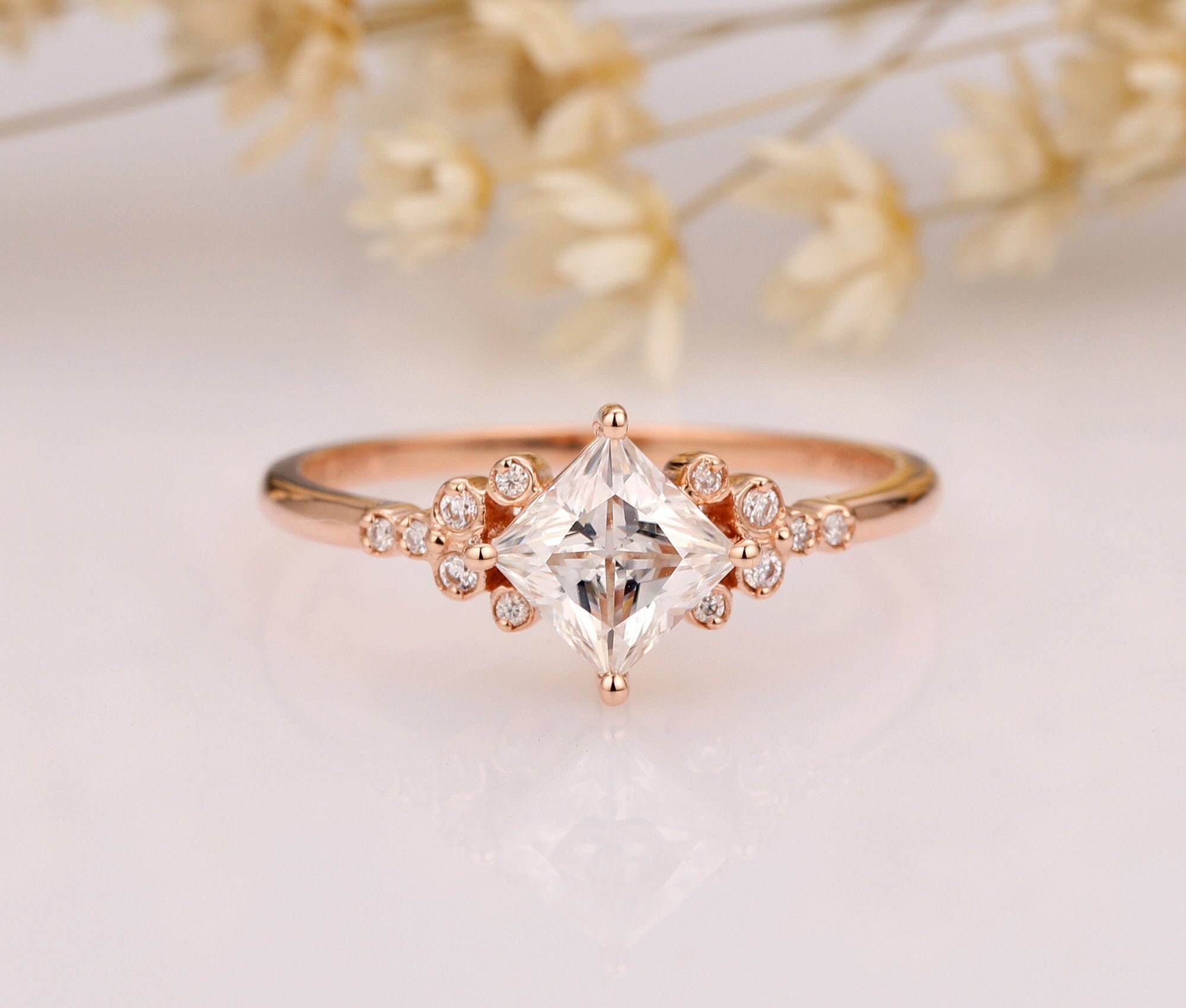 Art Deco Moissanite Ring/ 5x5mm Princess Cut Simulated Diamond | Etsy