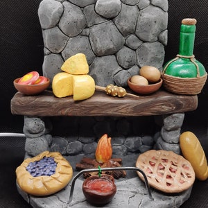 Skyrim NEW upgraded light up handmade fireplace, with ingredients, fire, stew pot, Sweet Roll, Alto Wine, etc.
