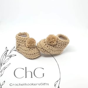 Beige baby booties, pom pom booties, beige booties, baby shower gift,  pom pom baby shoes, unisex baby booties, new baby gift, brown booties