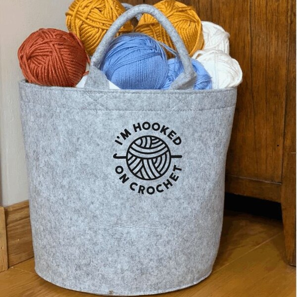 Personalised Crochet Basket, Felt Storage Basket, Crochet Basket, Crochet Storage, Crochet Bag, Crochet Gift, Craft Bag,