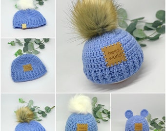 Hello world, new baby hat, going home outfit, newborn gift, new baby gift, new baby hat, baby announcement, crochet hat, baby bear hat, baby