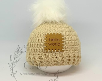 Hello world, new baby hat, going home outfit, newborn gift, new baby gift, new baby hat, baby announcement, knitted hat, coming home outfit