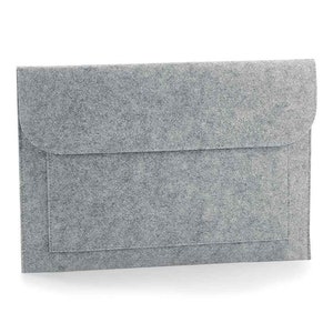 May include: A grey felt laptop sleeve with a flap closure and a smaller pocket on the front.