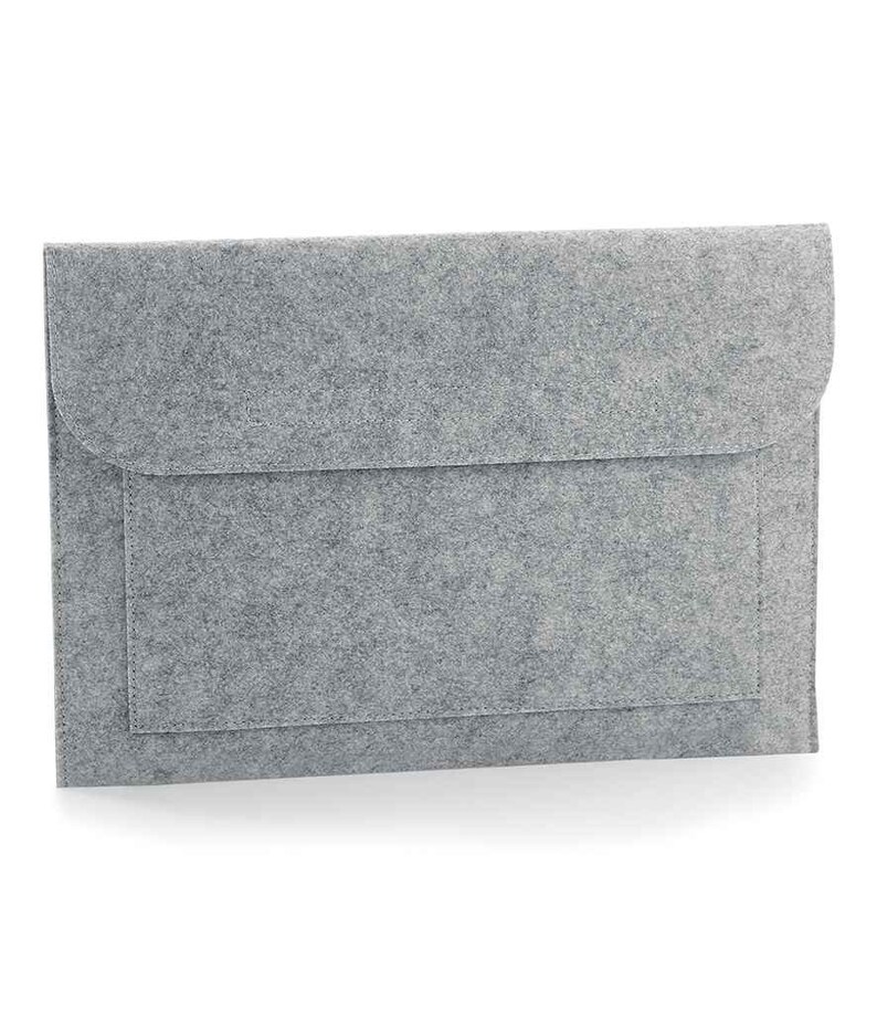 May include: A grey felt laptop sleeve with a flap closure and a smaller pocket on the front.