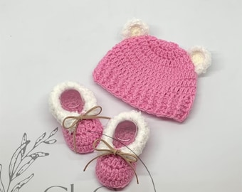 Crochet baby set, pink, baby booties, bear hat, fur shoes, moccasins, crochet booties, beanie, baby shower, spring bear set, baby girl gift