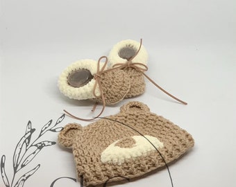 Unisex crochet baby set, beige, baby booties, bear hat, fur shoes, moccasins, crochet booties, beanie, newborn, baby shower, spring baby set