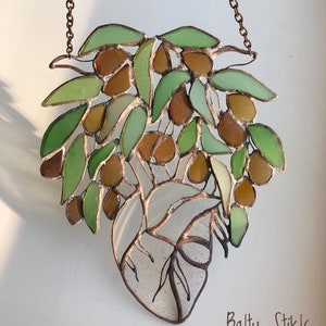Tree of Life Stained Glass - Glass Anatomic Heart - Olive Tree Suncatcher - Sea Glass Human Heart - Beach Glass Art - Cardiology Gift