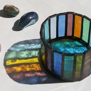 Stained Glass Candle Holder - Cloisonne Style Candlestick - Rainbow Iris Tealight Holder, Suncatcher - Creative Glass Box Pot, Gift for Her