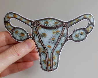 May include: A sticker featuring a stylized anatomical illustration of the female reproductive system. The design incorporates a light blue background filled with white daisies, framed by a copper-colored outline. The text "Baltu Stikls" is visible.