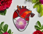 Medium Stained Glass Blooming Anatomical Heart Dried Flowers - Floral Human Anatomy Art - Pressed Plants Rustic Home Decor