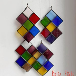 Stained Glass Diamond Shaped Hanging Colorful Tudor Style Suncatcher 7 pieces image 8