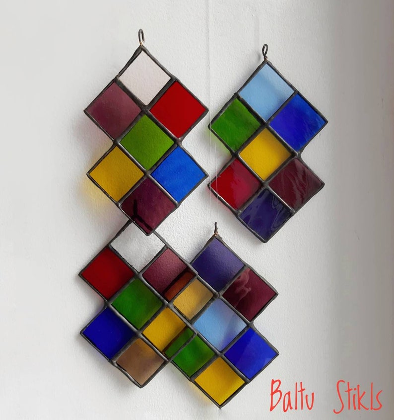 Stained Glass Diamond Shaped Hanging Colorful Tudor Style Suncatcher 7 pieces image 8