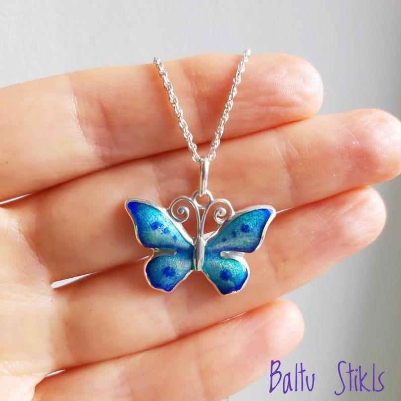 Handmade Minankari Jewelry for Her Gift Sterling Silver Enamel Necklace Hot Enamelled Cloisonn\u00e9 Silver Butterfly Pendant