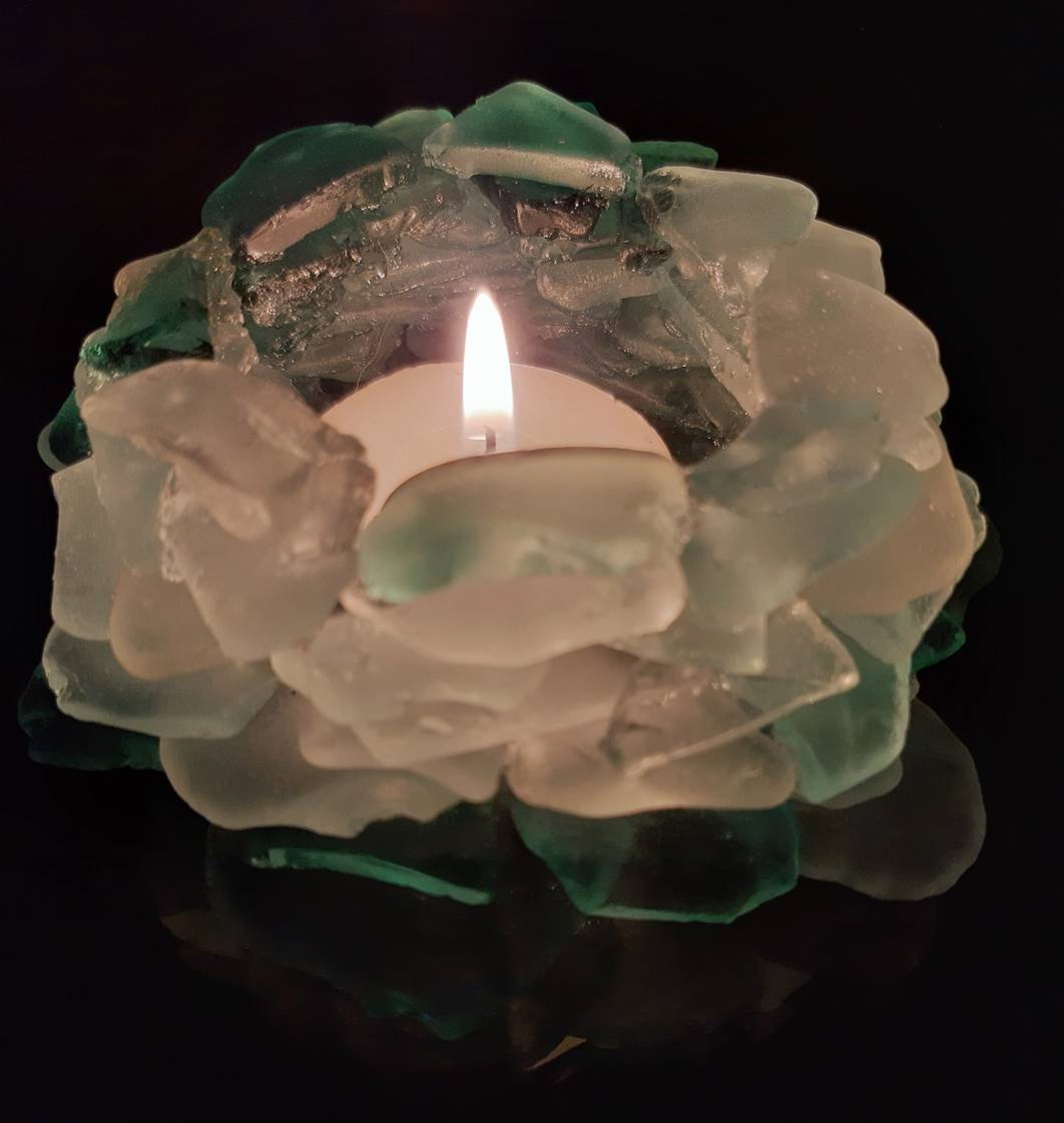 Turquoise Sea Glass Tealight Holder, Blue Moon Candleholder, Blue Glass