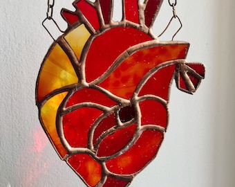 Small stained glass heart - blooming anatomical heart - rosebud suncatcher - floral human anatomy art