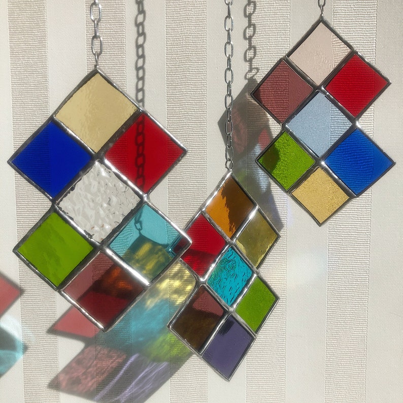 Stained Glass Diamond Shaped Hanging Colorful Tudor Style Suncatcher 7 pieces image 1