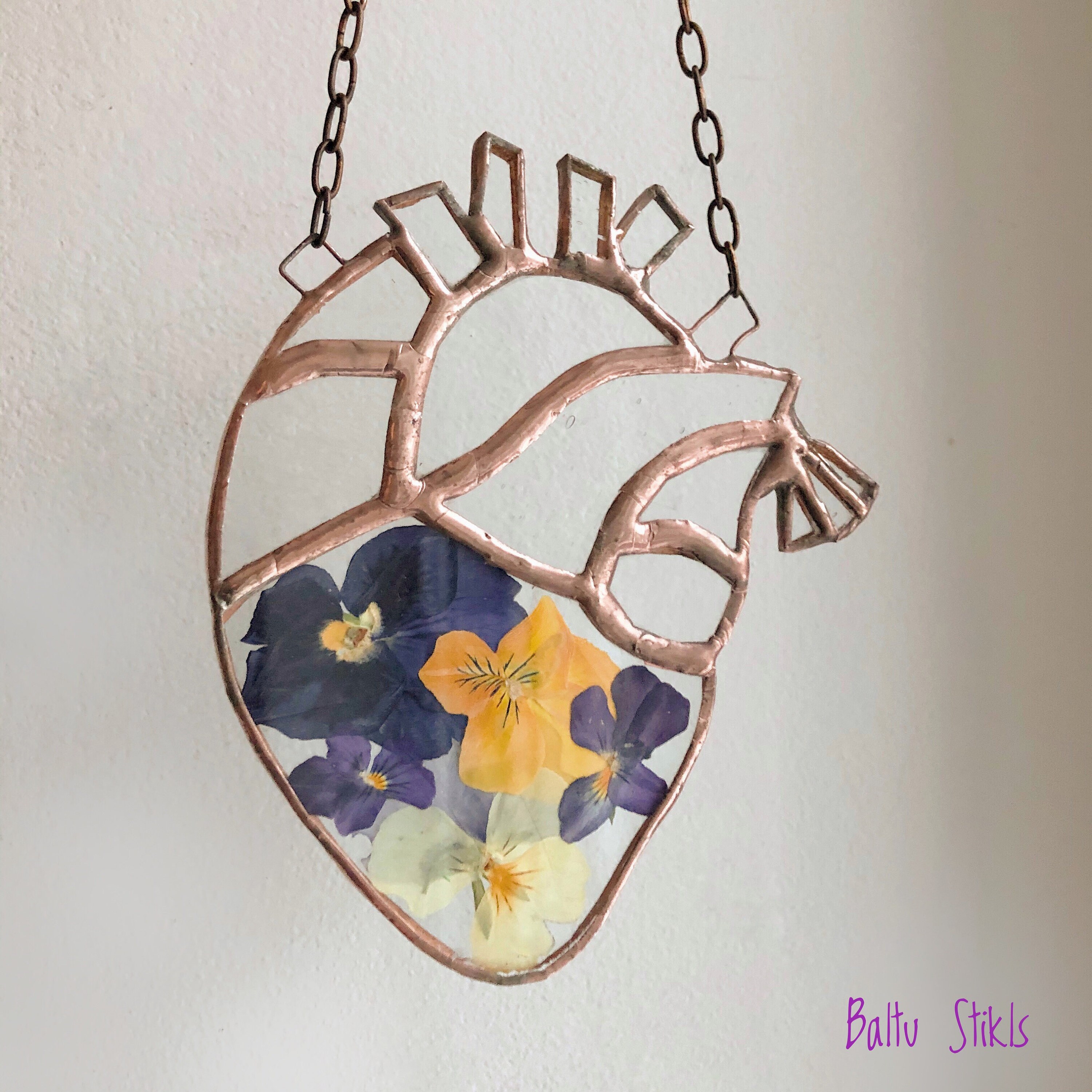 Small Stained Glass Anatomical Heart Dried Pansies Floral Etsy