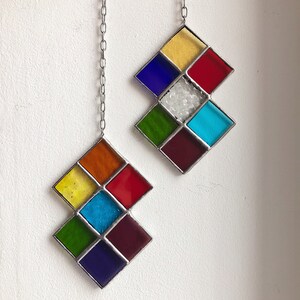 Stained Glass Diamond Shaped Hanging Colorful Tudor Style Suncatcher 7 pieces image 9