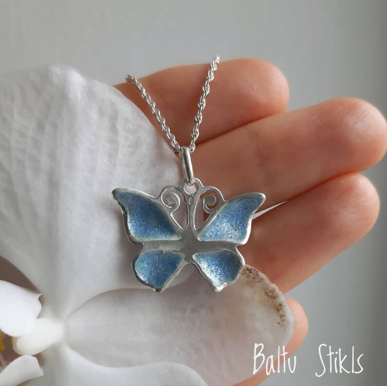 Handmade Minankari Jewelry for Her Gift Sterling Silver Enamel Necklace Hot Enamelled Cloisonn\u00e9 Silver Butterfly Pendant