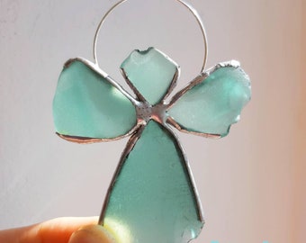 Turquoise Sea Glass Guardian Angel: Beach Glass Cross Hanging - Genuine Blue Glass Saver, Wedding Bridesmaid, Holy Communion Christmas Decor