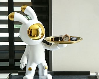 Bunny Astronaut Decorative Tray for keys, watch, wallet or Jewelry, Modern Design Art Figure